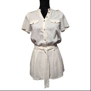 Dress Day Cream Button-Up Linen Blend Romper W/ Pockets